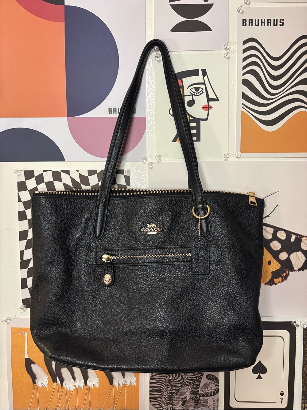 Coach Black Pebbled Leather Shoulder Tote with Gold Accents